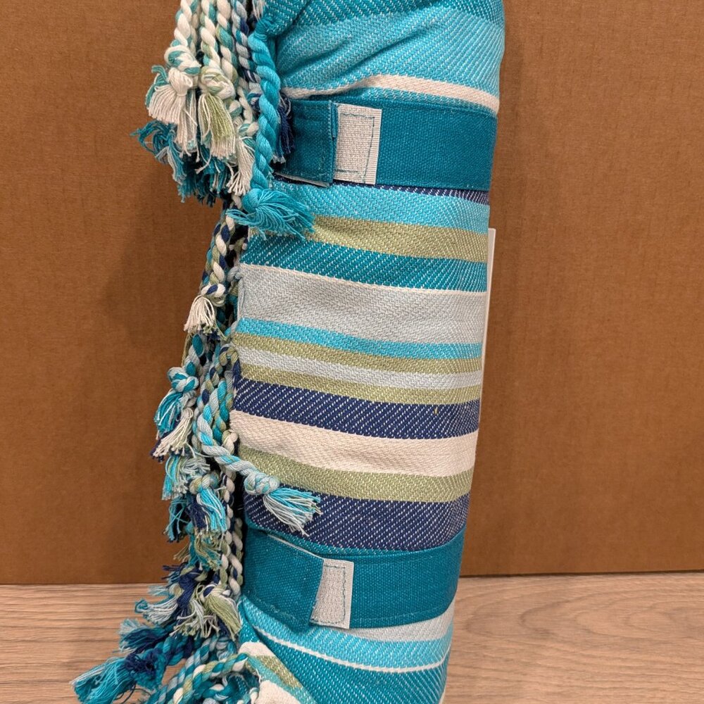 Portable Cotton Picnic Blanket 60” x 60” w/ Carry Strap & Fringe | Beach Camping - Picture 5 of 5